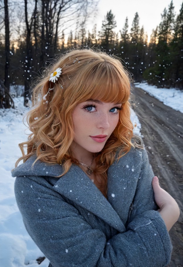 she is,solo,wrapping arms around neck and kissing passionately,blue cotton sundress,thick grey wool coat,snowy outdoo…