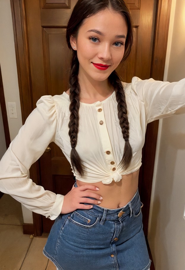 she is is standing in the doorway smiling,white silk blouse,blue denim skirt,house entryway,wooden door,dimly lit hal…