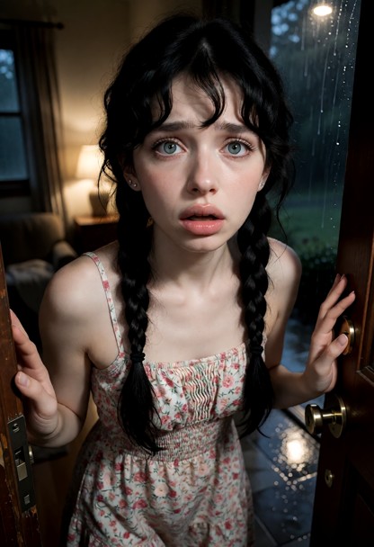 Location: dim entryway of a quiet house during a rainy evening, where the soft, distant lamp light creates long shado…