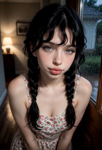Laila stands near the open doorway. She glances upward through her lashes with a shy seductive expression, slowly par…