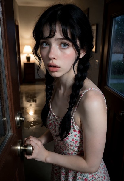 Location: dim entryway of a quiet house during a rainy evening, where the soft, distant lamp light creates long shado…