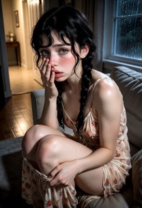 Laila sits on the edge of the couch with her knees pulled against her chest. She trembles while gripping the fabric o…