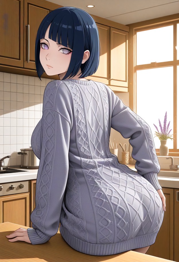 she is is kneading dough on a wooden board,grey knit cardigan,floral print dress,cozy kitchen,wooden cabinets,marble …