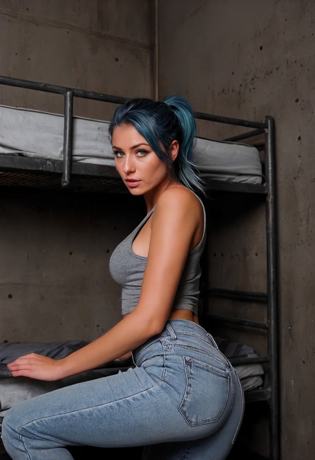 she is is lying on her side on a metal bunk bed,grey cotton tank top,denim pants around thighs,dark prison cell,gray …