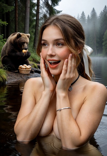 Location: Deep in the forest, lake in the forest. Postion: Amanda is swimming in lake. Amanda naked, fully naked. Ama…