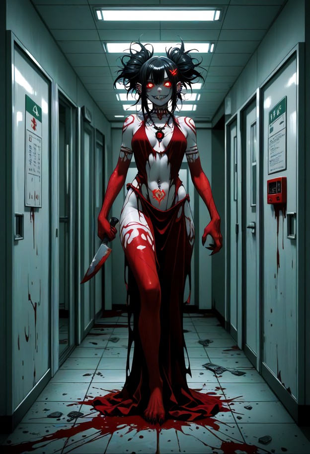 (full-body third-person horror scene:1.5),terrifying girl lunging toward camera with blood-splattered kitchen knife,w…