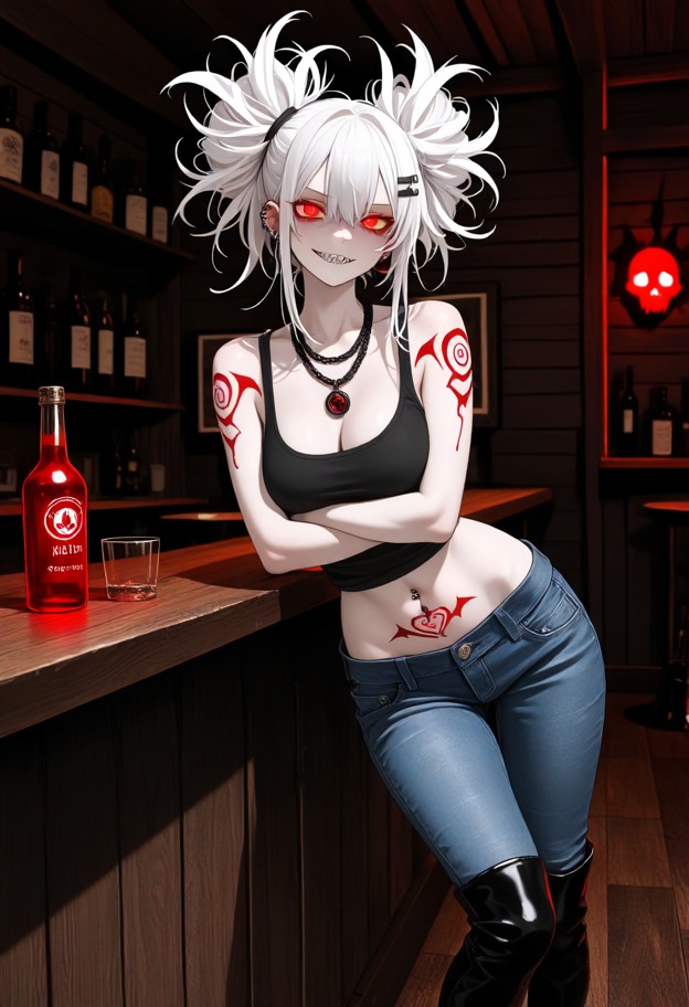 leaning her hip against a wooden bar counter,arms crossed under her breasts,black punk tank top,blue denim jeans,blac…