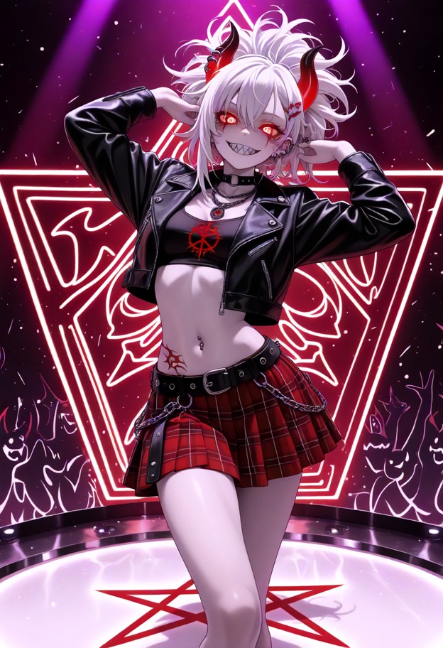 1girl,solo,hands up,shaking hips (dancing),punk outfit,leather jacket,plaid skirt,studs,eyeliner,piercings,choker,hap…