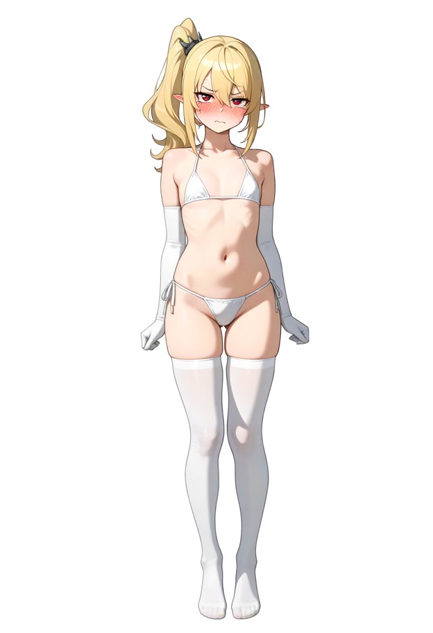 luciana_de_montefio zenless zone zero, petite, side_ponytail, white bikini, white_thighhighs, white elbow gloves, fla…