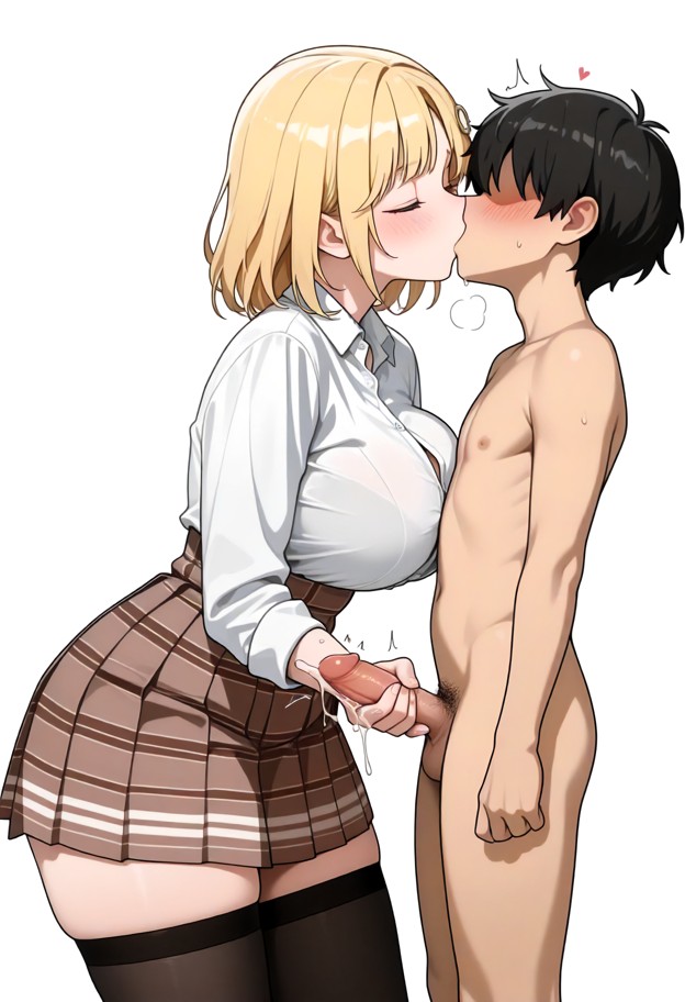 watson_amelia, white button up shirt, mature female, huge breasts, brown high waist pleated_skirt, black_thighhighs, …