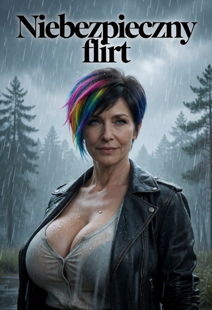 Epic cinematic video game movie poster, title "Niebezpieczny flirt" in bold elegant stylized font at the top, muted d…