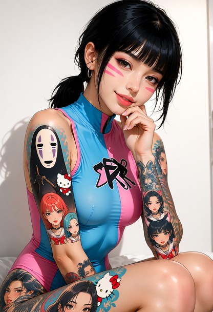 A realistic medium shot of a young woman with short black hair styled in a low ponytail with straight bangs, fair ski…