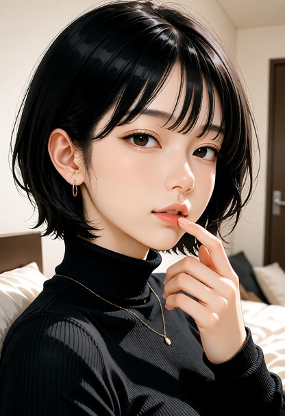 **Face and body description**  
Young East Asian woman with fair skin, short black hair styled in a bob with bangs, d…