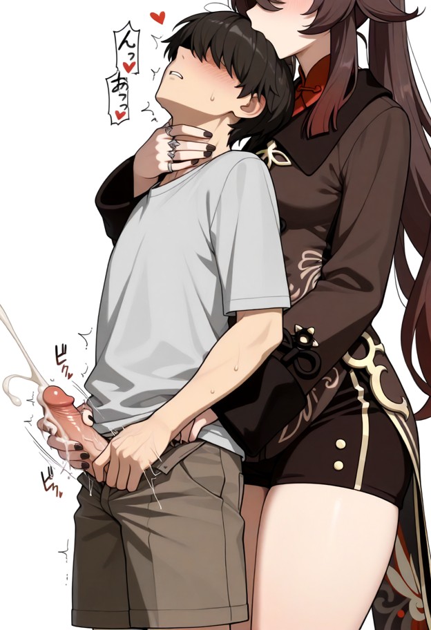 hu_tao_(genshin_impact), mature_female, tall, brown coat, brown shorts, reach-around handjob,kissing neck, white_back…