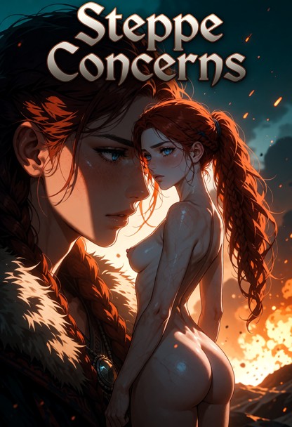 Epic cinematic video game movie poster, title "Steppe Concerns" in bold stylized metallic font at the top, scene deri…