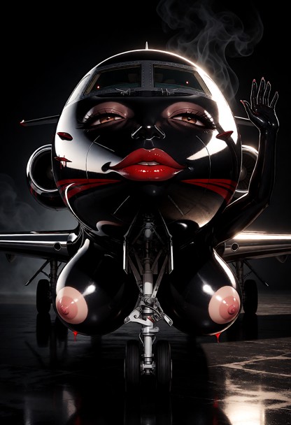 hyperrealistic studio photo, the aircraft is the only subject, a glossy black private jet posed like a pin-up on a mi…