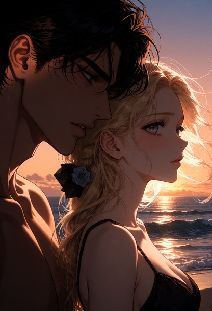 anime, a blonde woman at a beach at sunset, ocean breeze, solo, 1girl, alone, upper body portrait, one person only, n…