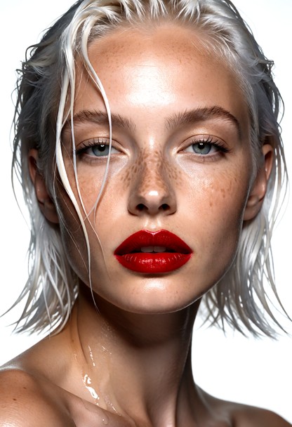 Close-up Beauty Portrait, Wet Skin, Bold Red Lipstick — AI Porn Image
