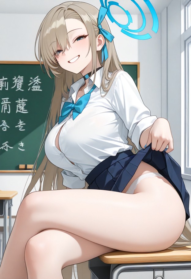 asuna_(blue_archive), school_uniform, tall, squinting, smile, looking_at_viewer, crossed_legs, classroom, large_breas…