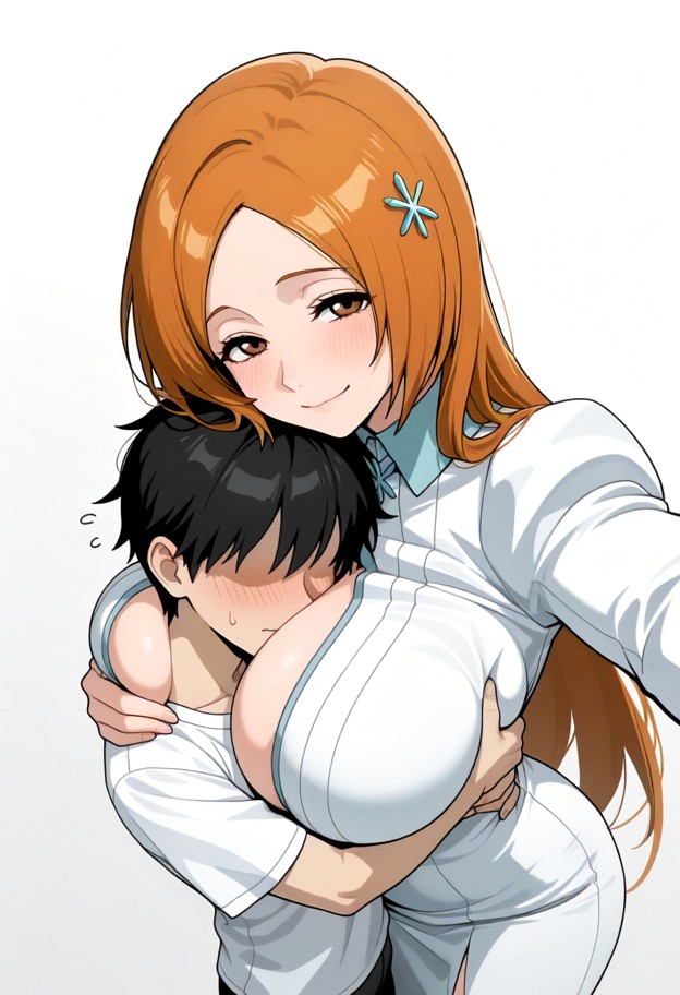 inoue_orihime, white outfit, huge_breasts, squinting, soft smile, white_background, young boy no eyes, smaller boy,sq…