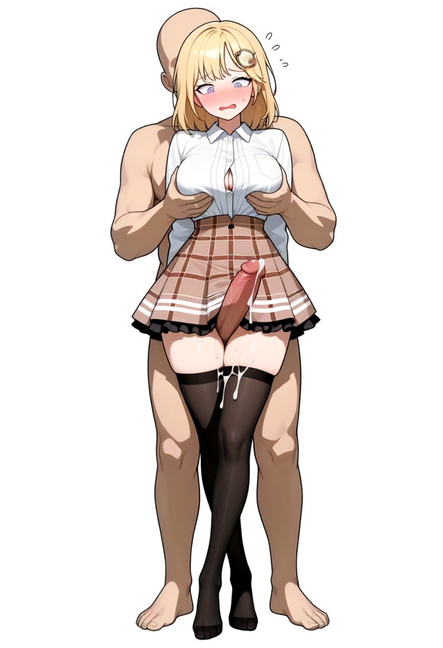 watson_amelia,white button up shirt,brown frilled skirt, black_thighhighs,flustered,standing, crossed legs, white_bac…