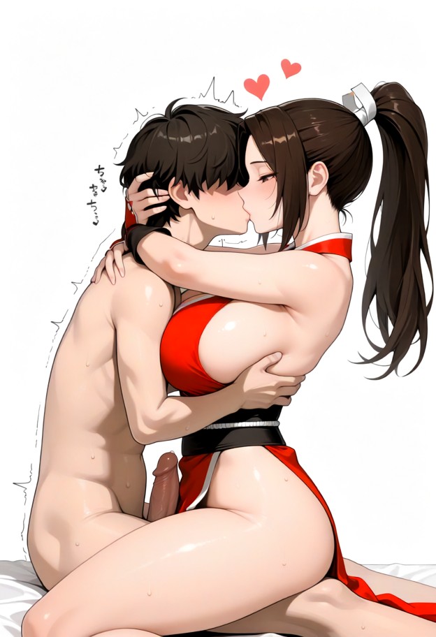 shiranui_mai, kunaichi dress, dominant female, riding penis, brown hair, looking down, squinting, huge_breasts, on to…