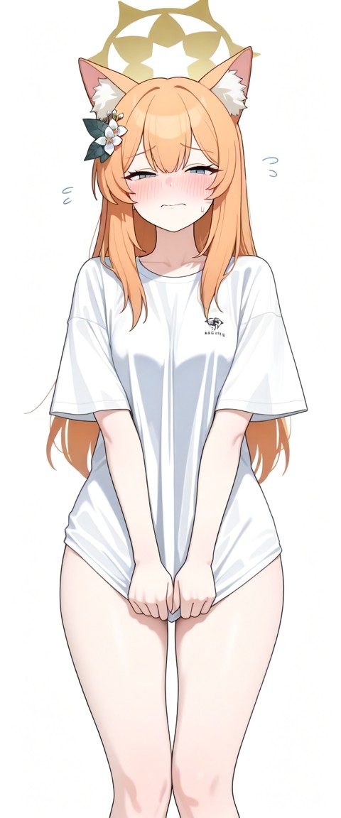 mari_(blue_archive), tall, squinting, flustered, standing, pulling shirt, long oversized half opaque white t-shirt, s…