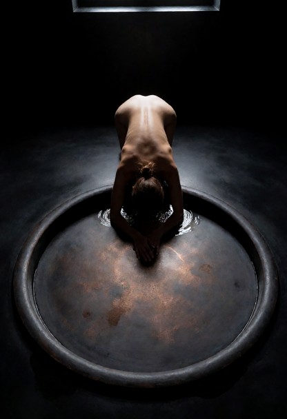 A sunken vat in a black floor, filling the bottom third of the frame, its surface a flat matte dark disc with a coppe…