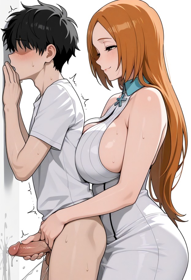 inoue_orihime, white outfit, soft smile, huge_breasts, squinting, white_background, young boy no eyes, smaller boy, f…