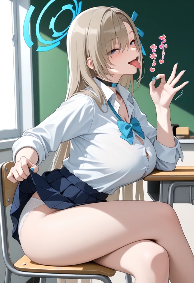 asuna_(blue_archive), solo, school_uniform, tall, squinting, tongue_out, fellatio_gesture, looking_at_viewer, crossed…