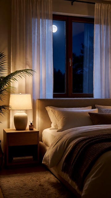 cozy bedroom at night, soft ambient lighting, moonlight through curtains, warm and intimate atmosphere