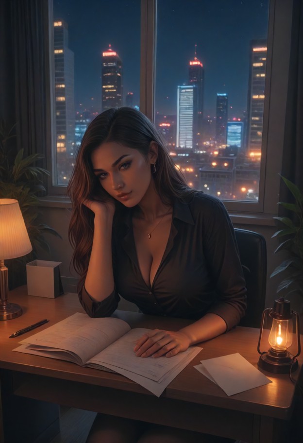 modern office interior at evening, warm desk lamp lighting, city lights visible through large windows, papers and lap…