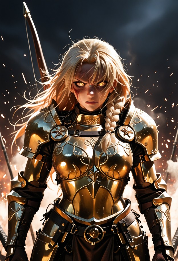 Cinematic shot of a fierce female elven archer in intricate segmented leather and leaf-shaped metal armor, actively d…