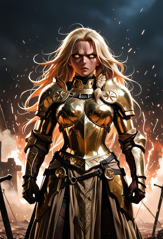 Cinematic shot of a fierce female elven archer in intricate segmented leather and leaf-shaped metal armor, actively d…