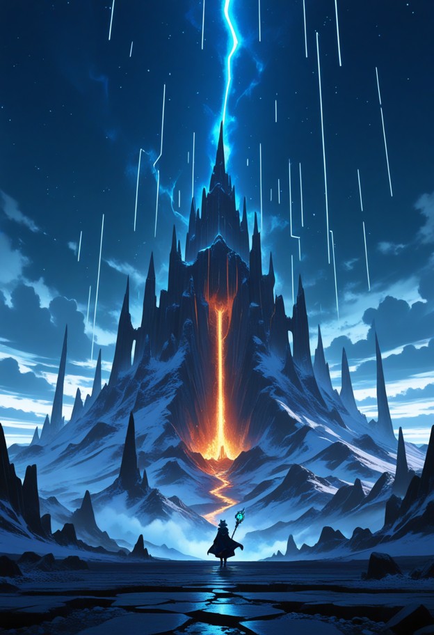 Cinematic wide shot from a distance, focusing on a lonely sorcerer at the apex of a desolate, rocky obsidian mountain…