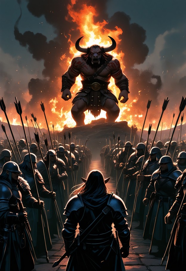 Cinematic, wide-angle photograph capturing a massive fantasy battle. An army of armored, scarred Orcs clash with an a…
