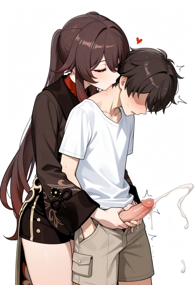 hu_tao_(genshin_impact), mature_female, looking down, tall, brown coat, brown shorts, reach-around handjob, kissing n…