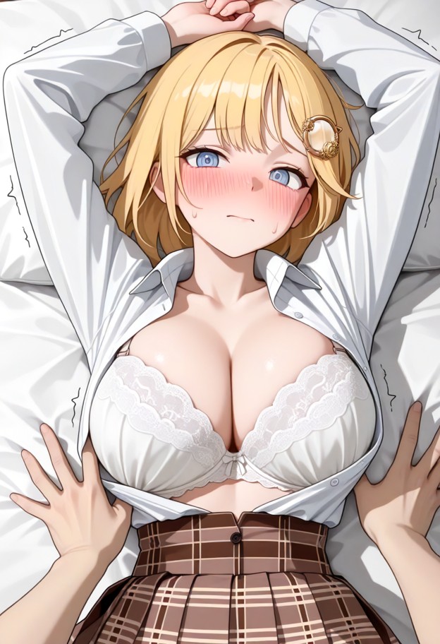 watson_amelia, open button up shirt, white bra, brown high waist pleated_skirt, shaking, big breasts, flustered, blus…
