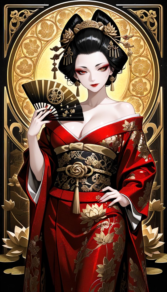 Elegant Japanese geisha in a Klimt-inspired composition, wearing a luxurious red and ochre furisode kimono with golde…