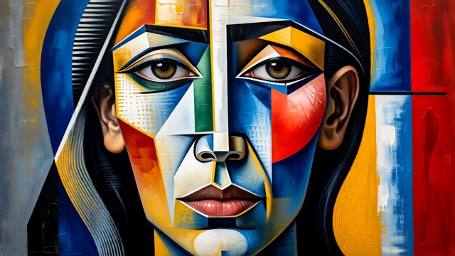 Portrait cubiste de Naya en style cubiste, fortement inspiré de Picasso. Toute l'image est traitée aucune référence r…