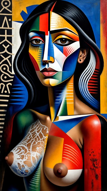 Portrait cubiste de Naya de profil intégrant sa grosse poitrine voluptueuse en style cubiste et la reférence éthnique…
