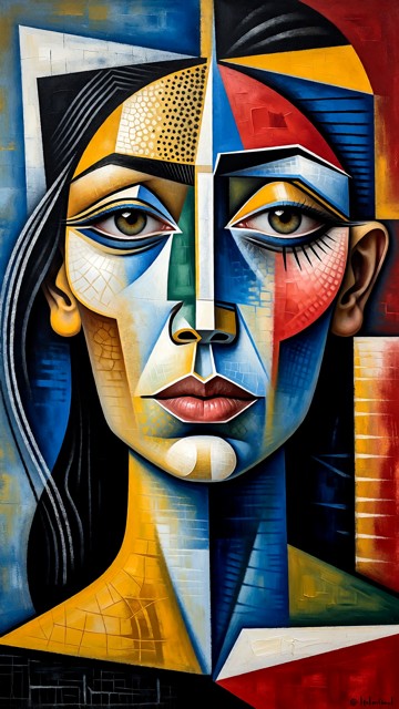 Portrait cubiste de Naya en style cubiste, fortement inspiré de Picasso. Toute l'image est traitée aucune référence r…