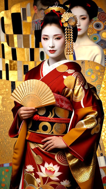 Elegant Japanese geisha in a Klimt-inspired composition, wearing a luxurious red and ochre furisode kimono with golde…