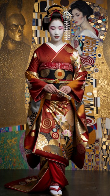 Une geisha japonaise se tient au centre de la composition, enveloppée dans un kimono furisode somptueux. Le tissu, d’…