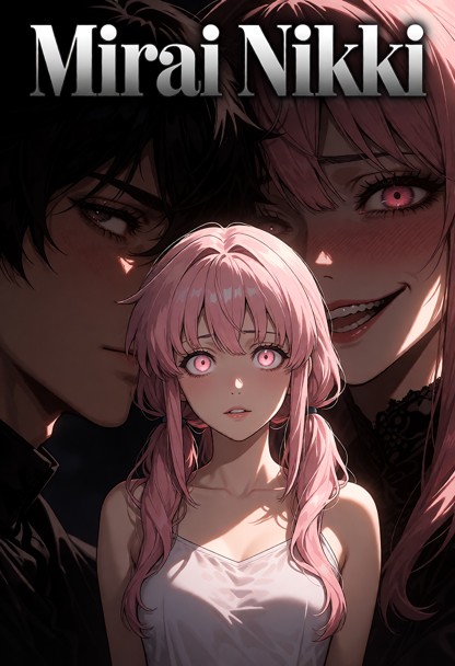 Epic cinematic video game movie poster, title "Mirai Nikki" in bold stylized metallic font at the top, the character …