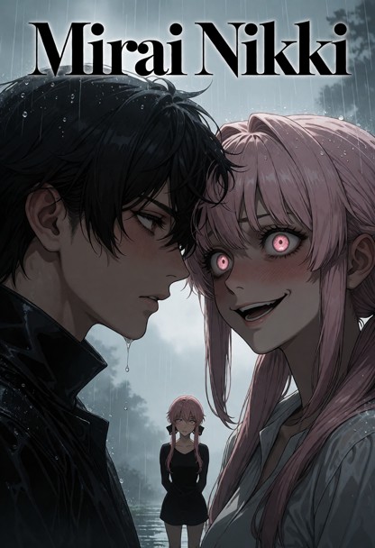 Epic cinematic video game movie poster, title "Mirai Nikki" in bold elegant stylized font at the top, muted desaturat…
