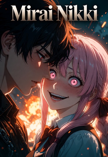Epic cinematic video game movie poster, title "Mirai Nikki" in bold stylized metallic font at the top, explosions and…