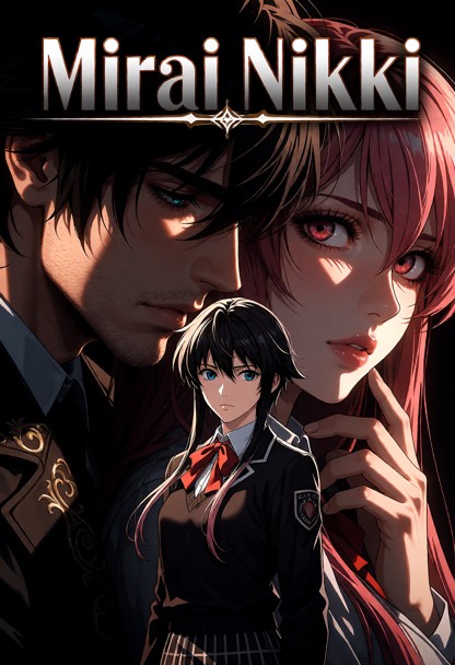 Epic cinematic video game movie poster, title "Mirai Nikki" in bold stylized metallic font at the top, Yuno Gasai sta…