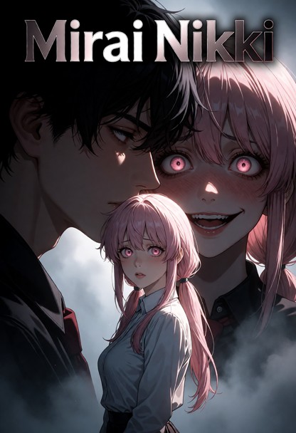 Epic cinematic video game movie poster, title "Mirai Nikki" in bold stylized metallic font at the top, dramatic volum…
