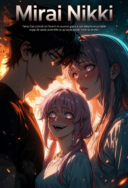 Epic cinematic video game movie poster, title "Mirai Nikki" in bold stylized metallic font at the top, scene derived …